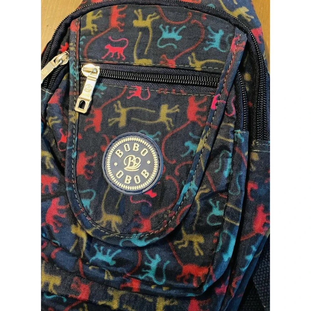 Bobo Obob Monkey Print Sling Backpack Crossbody Bag 4 Pocket Blue Colorful